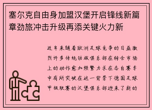 塞尔克自由身加盟汉堡开启锋线新篇章劲旅冲击升级再添关键火力新